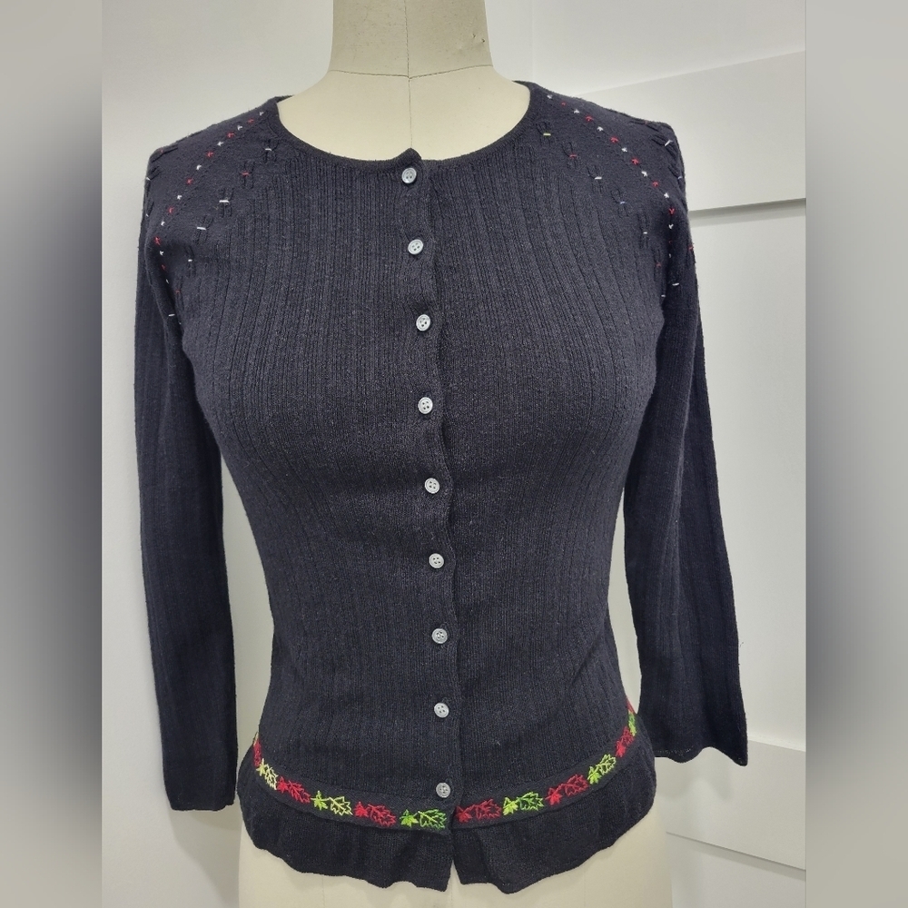 VINTAGE Women's Urchin Mark Eisen Cardigan Hand Stitched 3/4 Sleeves Black Sz M